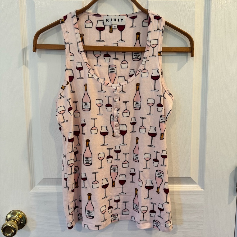 KIKIT Wine Print Tank Top Pink Sleeveless Button Front Women’s Medium